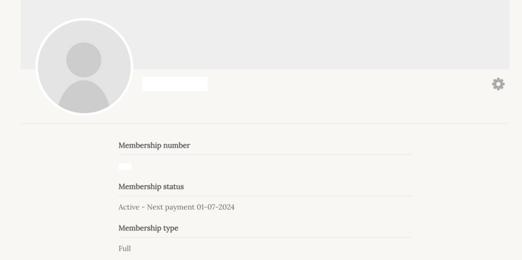 The User profile page. Listed items - Membership number, Membership status, Membership type.